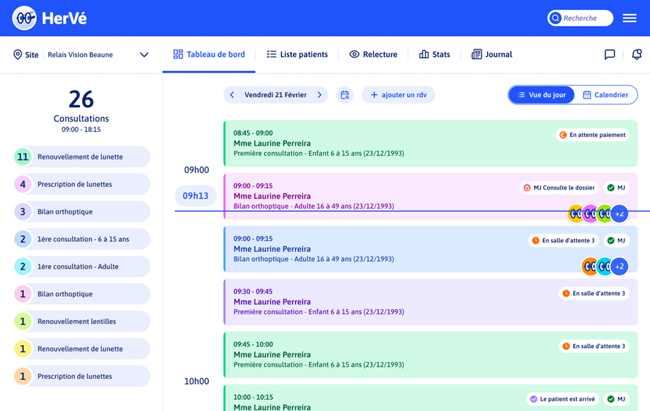 HerVé — Vue journalière des consultations avec statuts patients